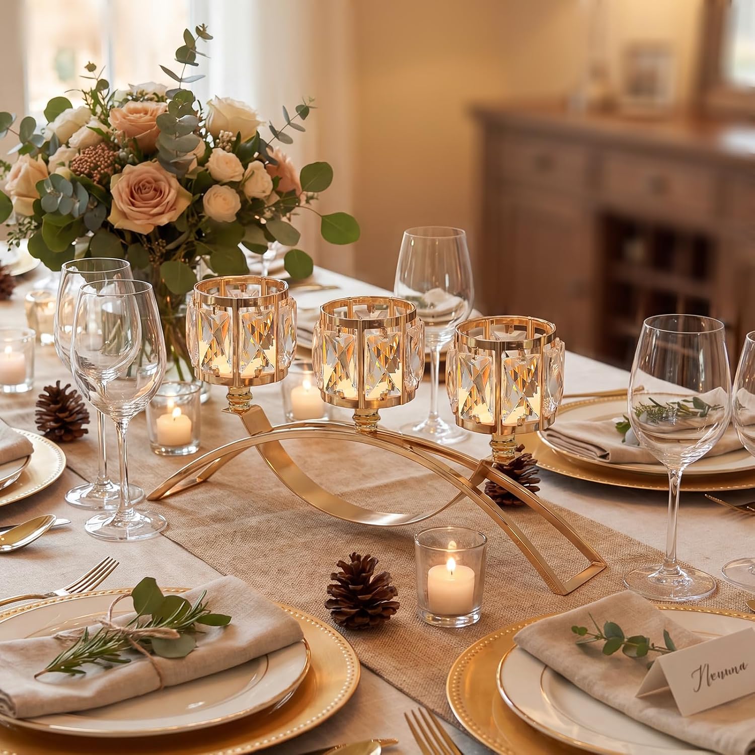 3 Arms Crystal Candle Holders, Arch Candlestick Table Candelabras Centerpieces for Wedding, Dinning Room, Cabinet Ornaments, Home Decoration， Gift (Gold, 2 Pcs-3 Arm Arched)