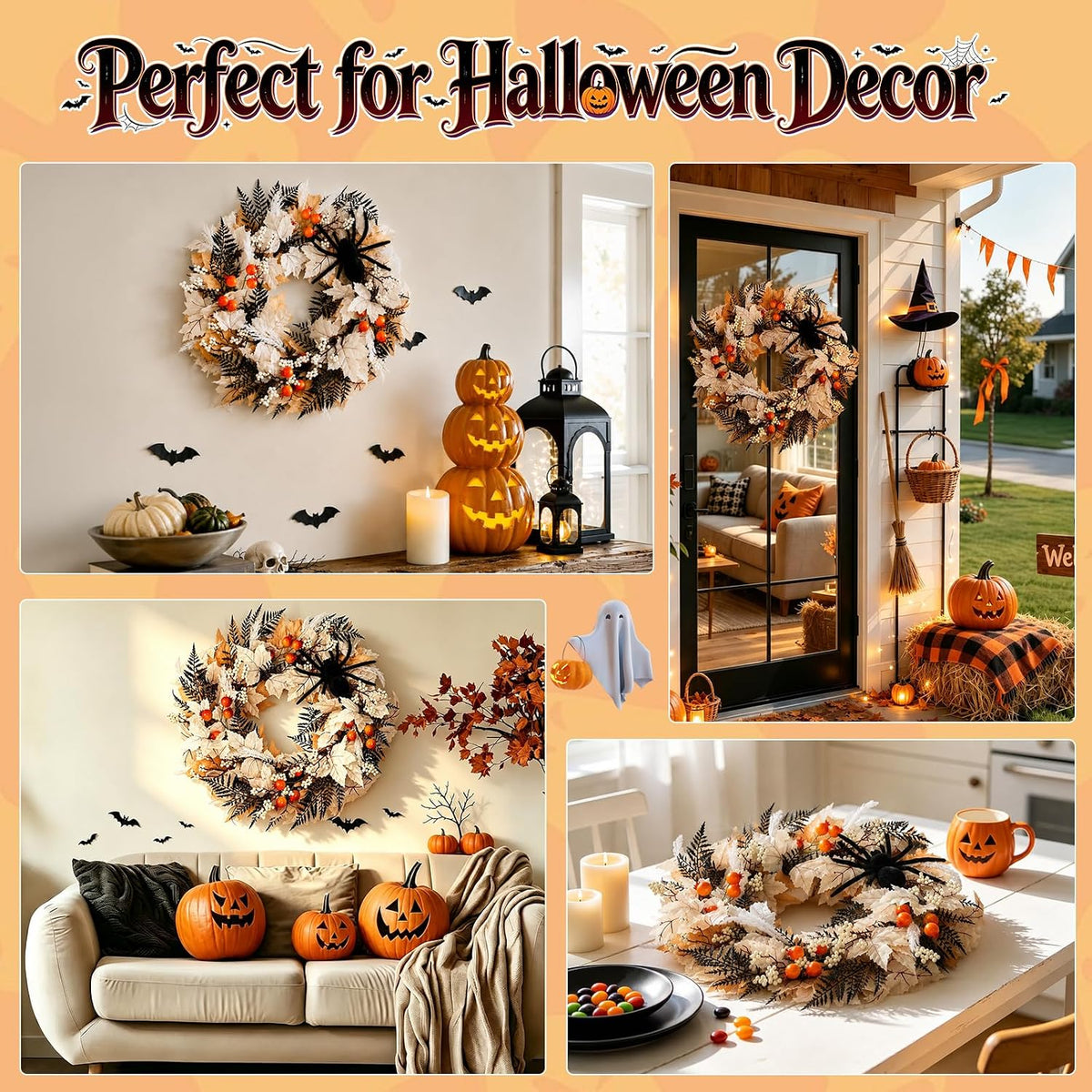 Grooy 22 Inch Halloween Wreath for Front Door with Spider Maple Leaf