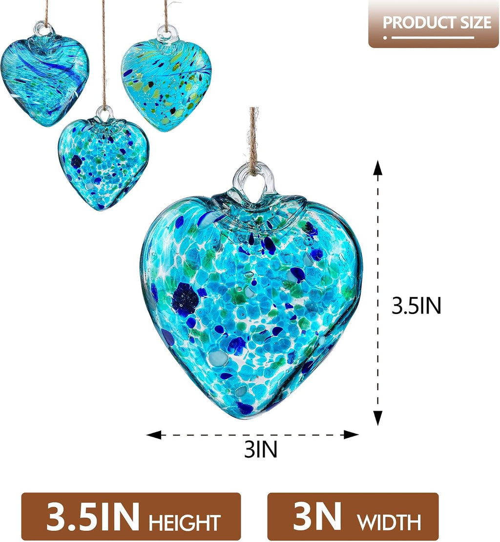 Set of 3 Handmade Glass Heart Ornaments 3.5 Inch Hanging Heart Decoration | Hand-Blown Craftsmanship, Easy-Hang Lanyard Design for Indoor & Outdoor Hanging