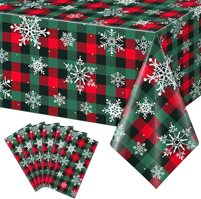 6Pcs Christmas Buffalo Plaid Snowflake Party Tablecloths Decorations,Plastic Red and Green Checkered Rectangle Table Cover for Winter Christmas New Year Birthday Holiday Party Decorations,54x108 inch
