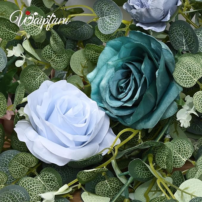 Waipfaru 2Pcs Artificial Eucalyptus Garland with Flowers 6.07Ft, Wedding Table Decorations, Floral Rose Garland for Centerpieces Backdrop Wall Flower Vines for Room Decor (Dusty Blue)