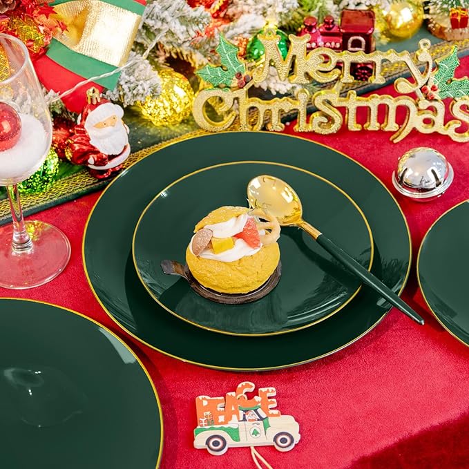 Liacere 150PCS Green Plastic Plates - Gold Plastic Silverware with Green Handle - Heavy Duty Fancy Plastic Plates Disposable Include 30 Guests Plates, Forks, Spoons, Knives for wedding＆Labor Day