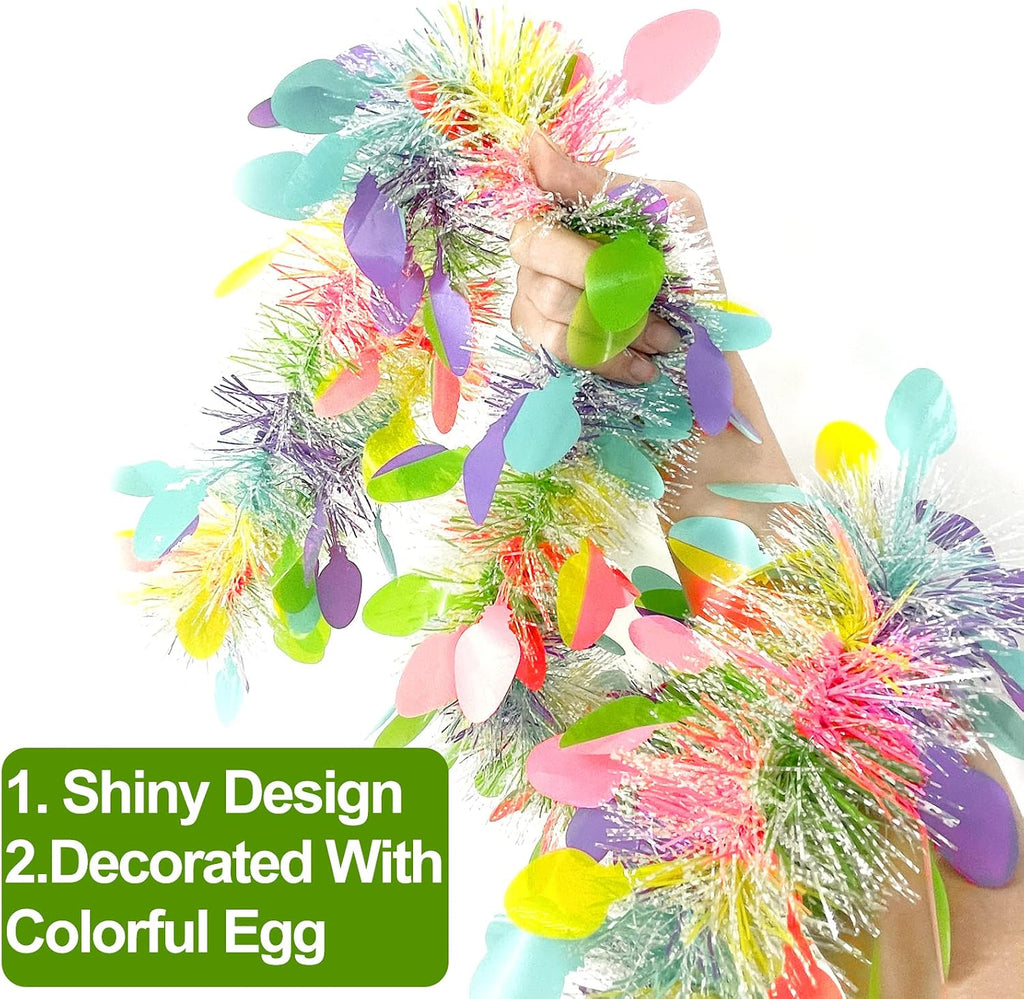 TURNMEON 3 Pack Easter Colorful Tinsel Garlands Easter Decorations,Total 45 Ft Easter Eggs Garland Metallic Streamer Hanging Fringe Garland Easter Decorations Home Indoor Outdoor Party,Each 15Ft by 6"