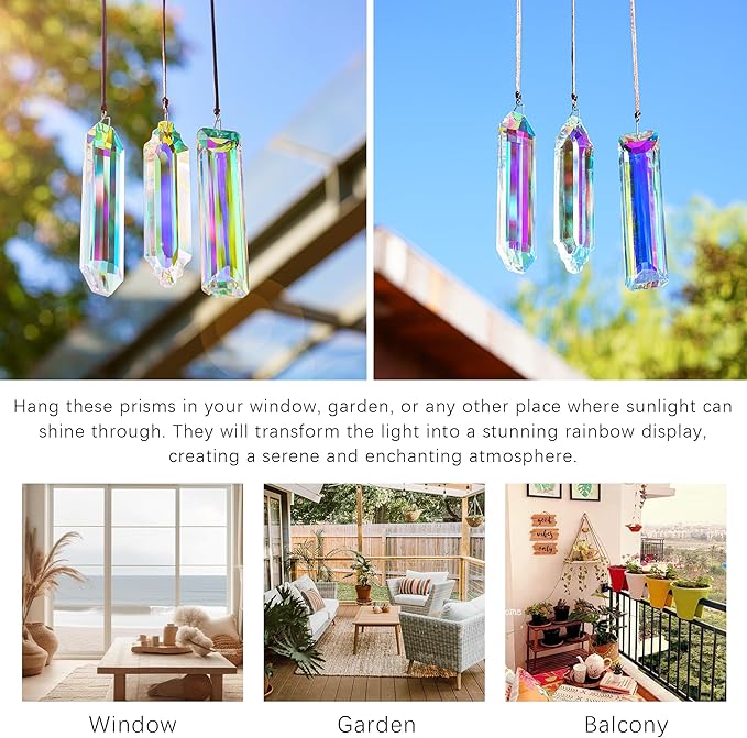 3PCS Crystal Suncatcher Prism for Window,120mm/5'' Rectangle AB Colored Crystal Stick Rainbow Maker Prisms Garden Hanging Sun Catcher