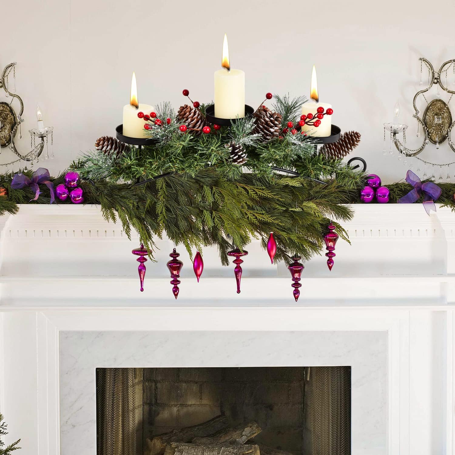 20 Inch Christmas Candle Holder Centerpiece with 3 Candle Holders, Pine Cones, Red Berry Table Accent for Festival Home Decoration