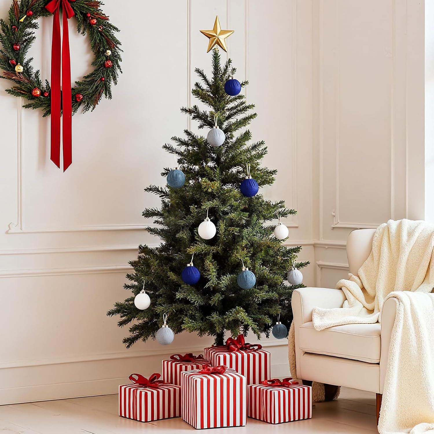 EverMerry 15 PCS Velvet Christmas Ornaments, 3.14’’ Christmas Ball Ornaments Set, Hanging Balls Decorations for Xmas Tree, Wreath, Garland, Home Decor (Blue and White)