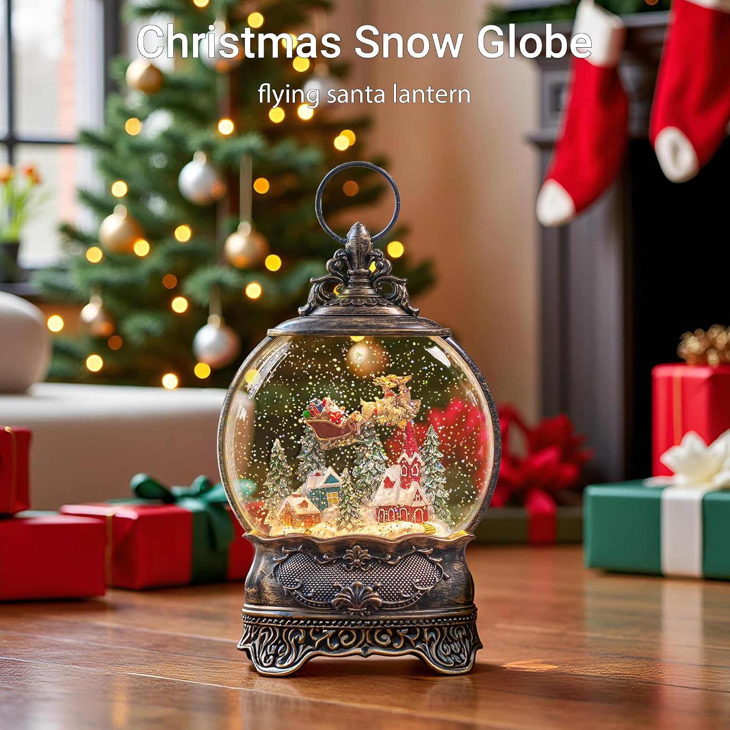 Christmas Snow Globe Lantern with Santa Claus Flying Reindeer, Lighted Swirling Glittering Snow Globes with Music & Timer, Christmas Decorations for Home Tabletop Indoor Gifts