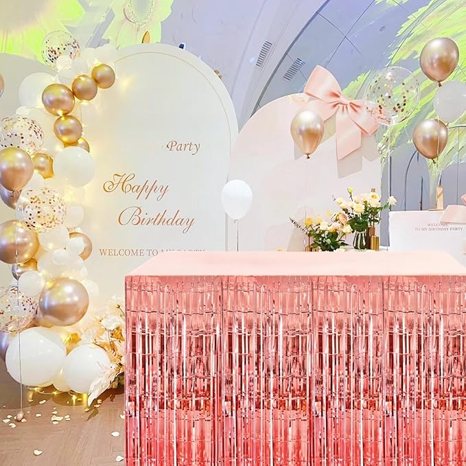 Rose Gold Streamers Party Decorations, 2 Packs Rose Gold Table Skirts Metallic Foil Fringe Tinsel for Bachelorette Birthday Wedding Graduation Float Parade Party Supplies - 29x108 Inch
