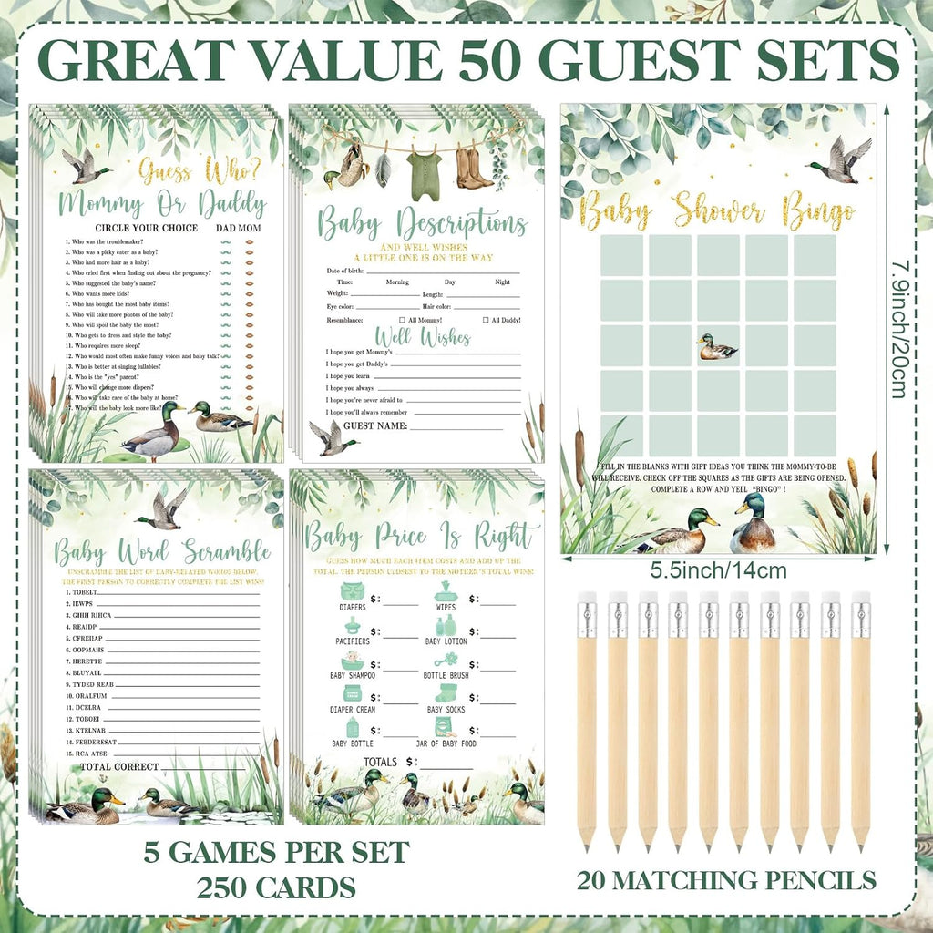 Patelai 321 Pcs Mallard Duck Baby Shower Decorations Duck Hunting a Little Hunter is on The Way Gender Reveal Don't Say Games for Mallard Theme Welcome Baby Shower Party Supplies