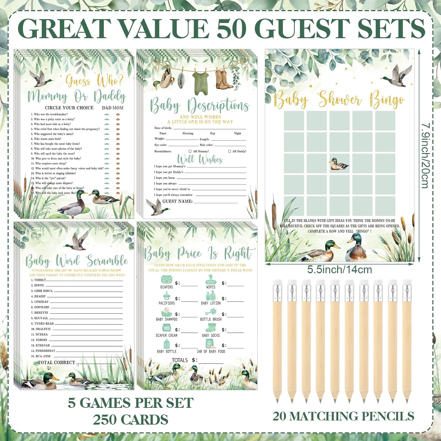 Patelai 321 Pcs Mallard Duck Baby Shower Decorations Duck Hunting a Little Hunter is on The Way Gender Reveal Don't Say Games for Mallard Theme Welcome Baby Shower Party Supplies