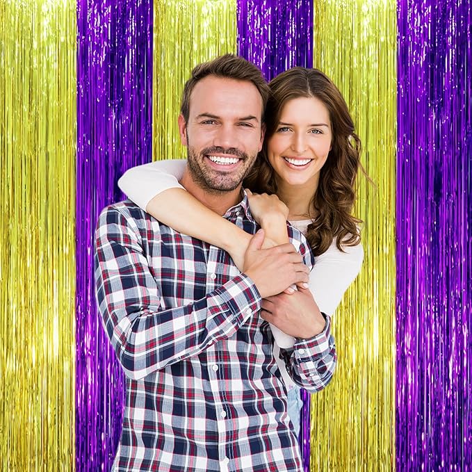 3 Pack 3.3 x 8.2 ft Purple and Gold Foil Fringe Backdrop Curtains, Tinsel Streamers Party Decorations, Fringe Backdrop, Door Shimmer for Graduation or Birthday Party
