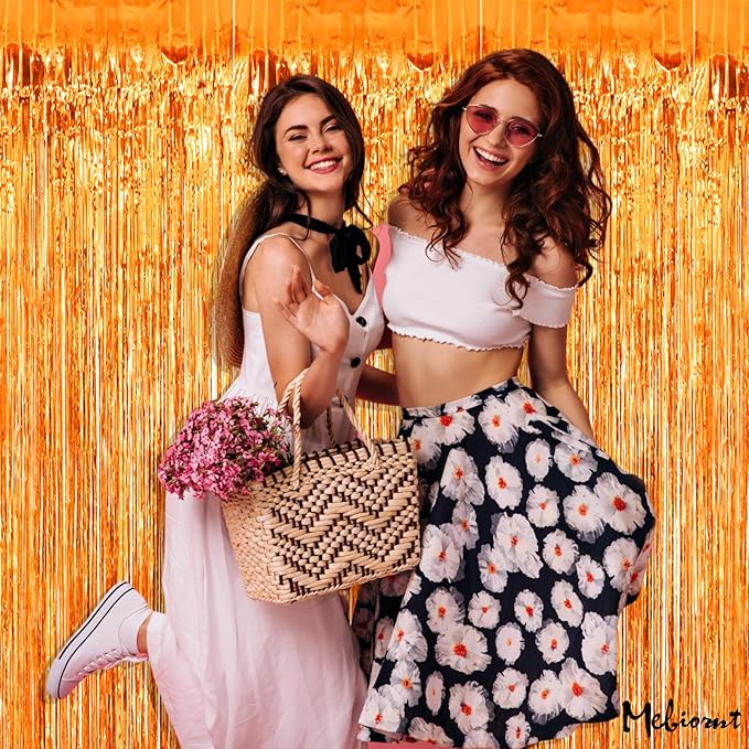 4 Pack Orange Fringe Curtain Backdrop, 3.2Ft x 6.6Ft Metallic Tinsel Foil Fringe Streamers Background for Photo Booth Birthday Wedding Baby Shower Carnival Easter Mother’s Day Party Decorations