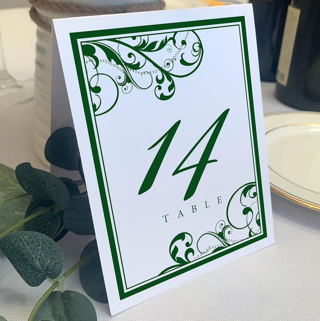 Scribble Vintage Swirl Table Numbers, Hunter Green, 1-125 | Double Sided Tent or For Use in a Stand - Wedding Receptions, Special Events, Parties, and Restaurants - Made in the USA