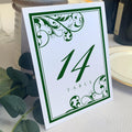 Scribble Vintage Swirl Table Numbers, Hunter Green, 1-125 | Double Sided Tent or For Use in a Stand - Wedding Receptions, Special Events, Parties, and Restaurants - Made in the USA