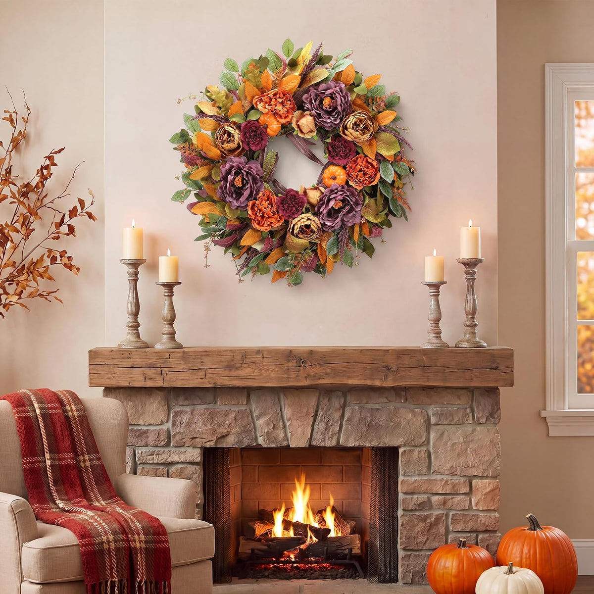 26 Inch Fall Wreath for Front Door, Large Autumn Harvest Wreath with Purple P...