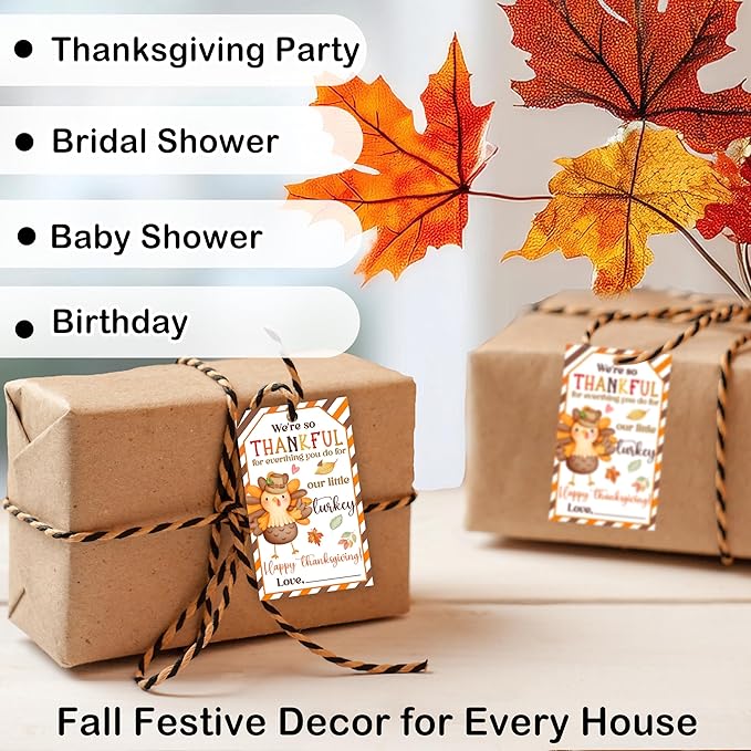 50 PCS Fall Gift Tags Thanksgiving Gift Tags with String, 2.1" x 3.5" Thanksgiving Design Present Label for Present Bags, Fall Party Favor Decorations, 4 Styles - A01