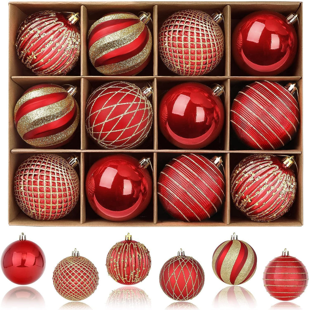 SHareconn 80mm Christmas Balls Ornaments,12PCS Colored Shatterproof Plastic Decorative Hanging Tree Decorations Baubles Set for Xmas Tree Decor Holiday Party Wedding Decoration with Lanyard,Red & Gold
