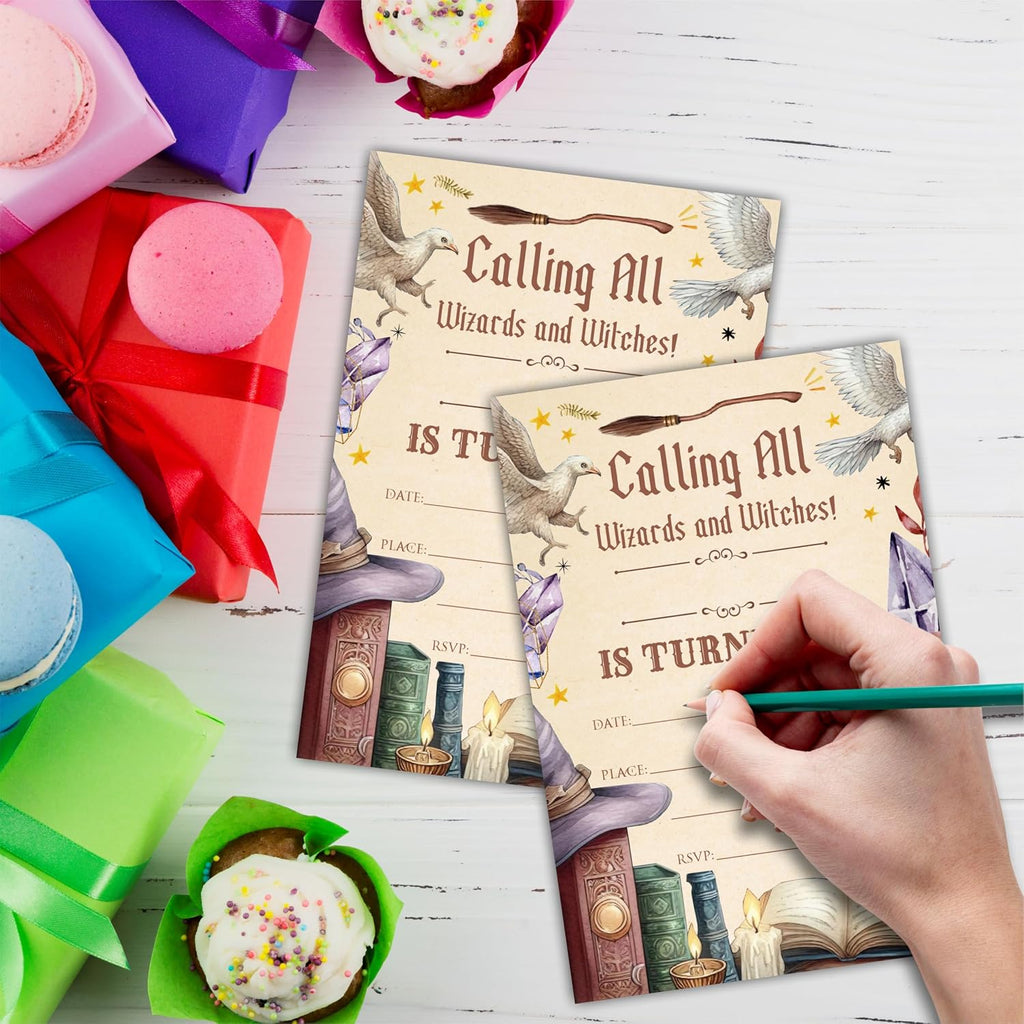 Watercolor Magical Theme Birthday Invitation Cards With Envelopes - Calling All Wizards And Witches - 20 Pcs Double-Sided Fill-In Birthday Invites For Teen, Boys Girls, Party Favor & Decorations - B19