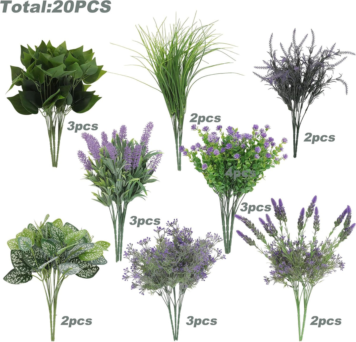 20PCS Artificial Plants Outdoor, Faux Lavender & Greenery Stems for Outside