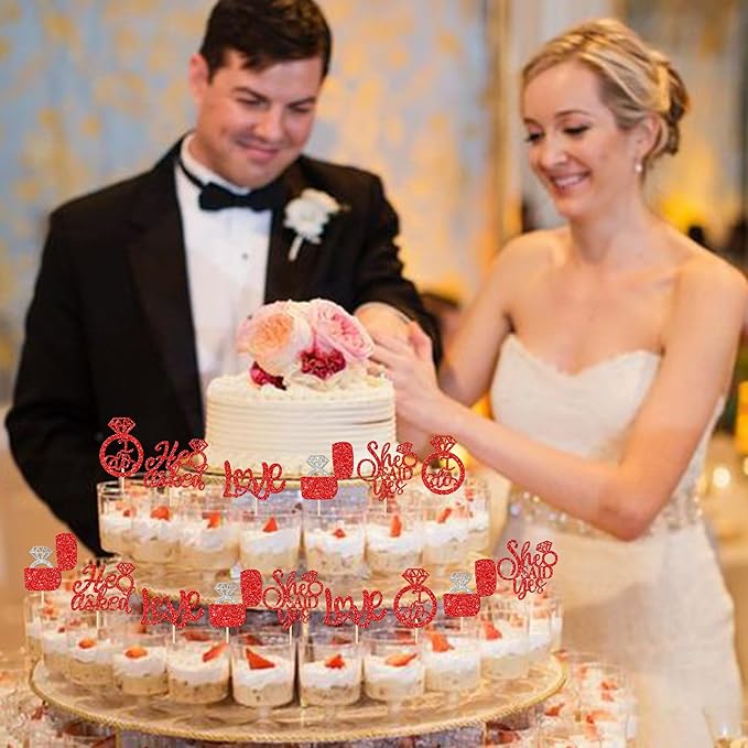 30 PCS He Asked She Said Yes Cupcake Toppers Diamond Ring Cupcake Picks Love I Do Bridal Shower Cupcake Decorations for Wedding Enaggement Theme Party Cake Decorations Supplies Red