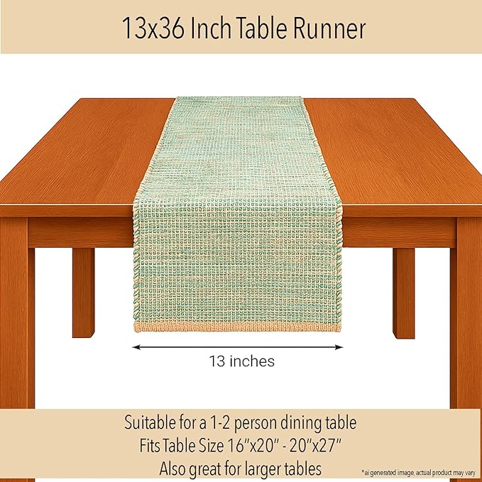 Chardin home Natural Jute Table Runner 13x36 Inch – Vintage Boho Rustic Table Decor – Handwoven Table Runner in Natural Jute and Sage Green-White – Farmhouse Dining or Console Table Accent