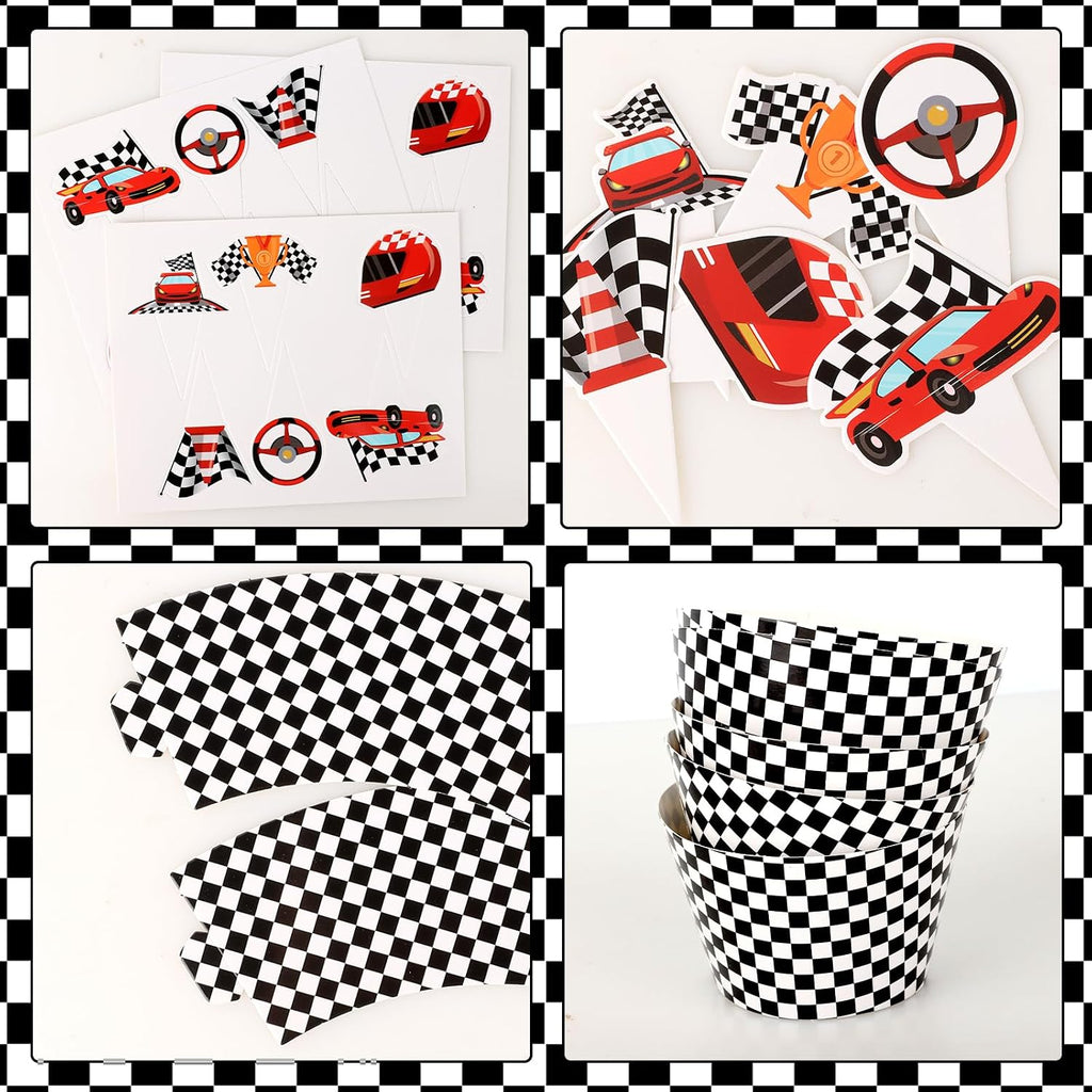 48 Pack Race Car Cupcake Toppers and Wrappers, Race Car Party Cake Decoration for Racing Checkered Theme Birthday Party Baby Shower Supplies