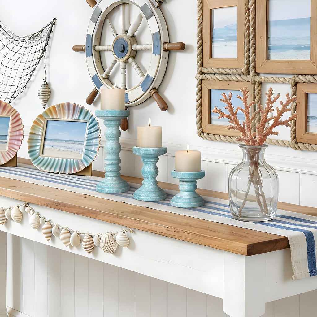 Candle Holder for Pillar Candle Set of 3, Ocean Themed Beach Decor Candle Holders, Coastal Farmhouse Nautical Rustic Decorations for Bathroom, Living Room, Dining Room and Office, Blue