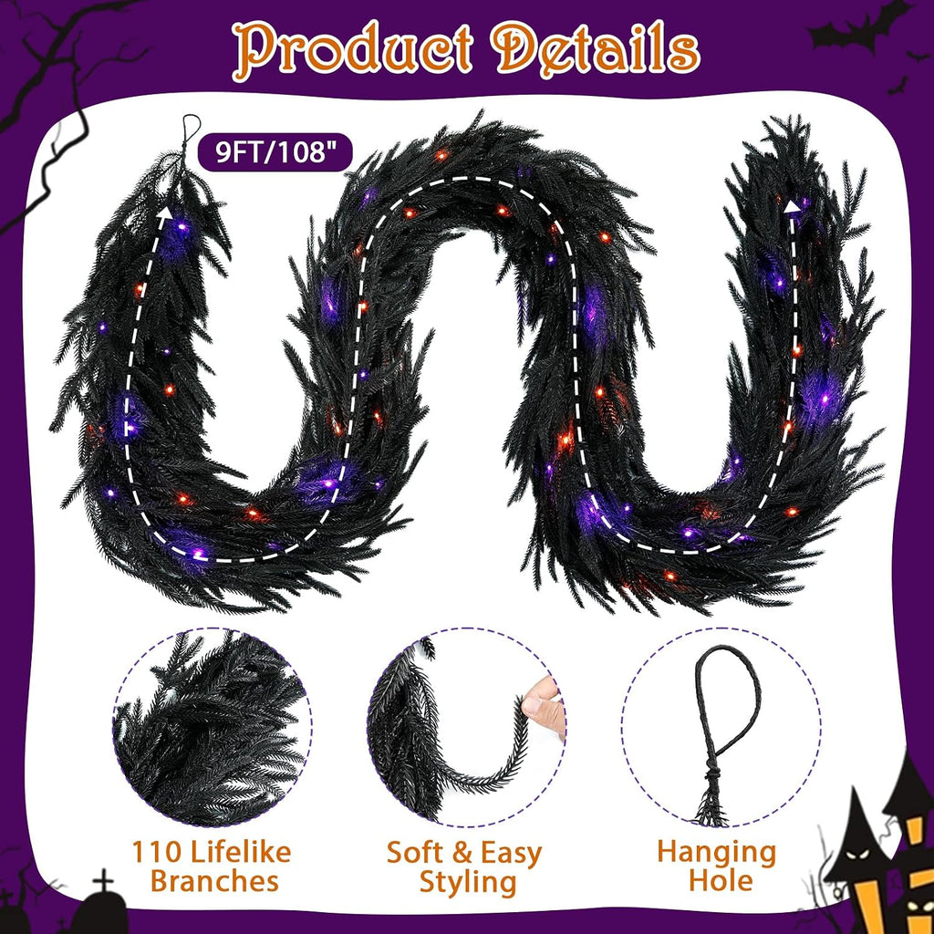 9ft soft touch black norfolk pine halloween garland showing dimensions