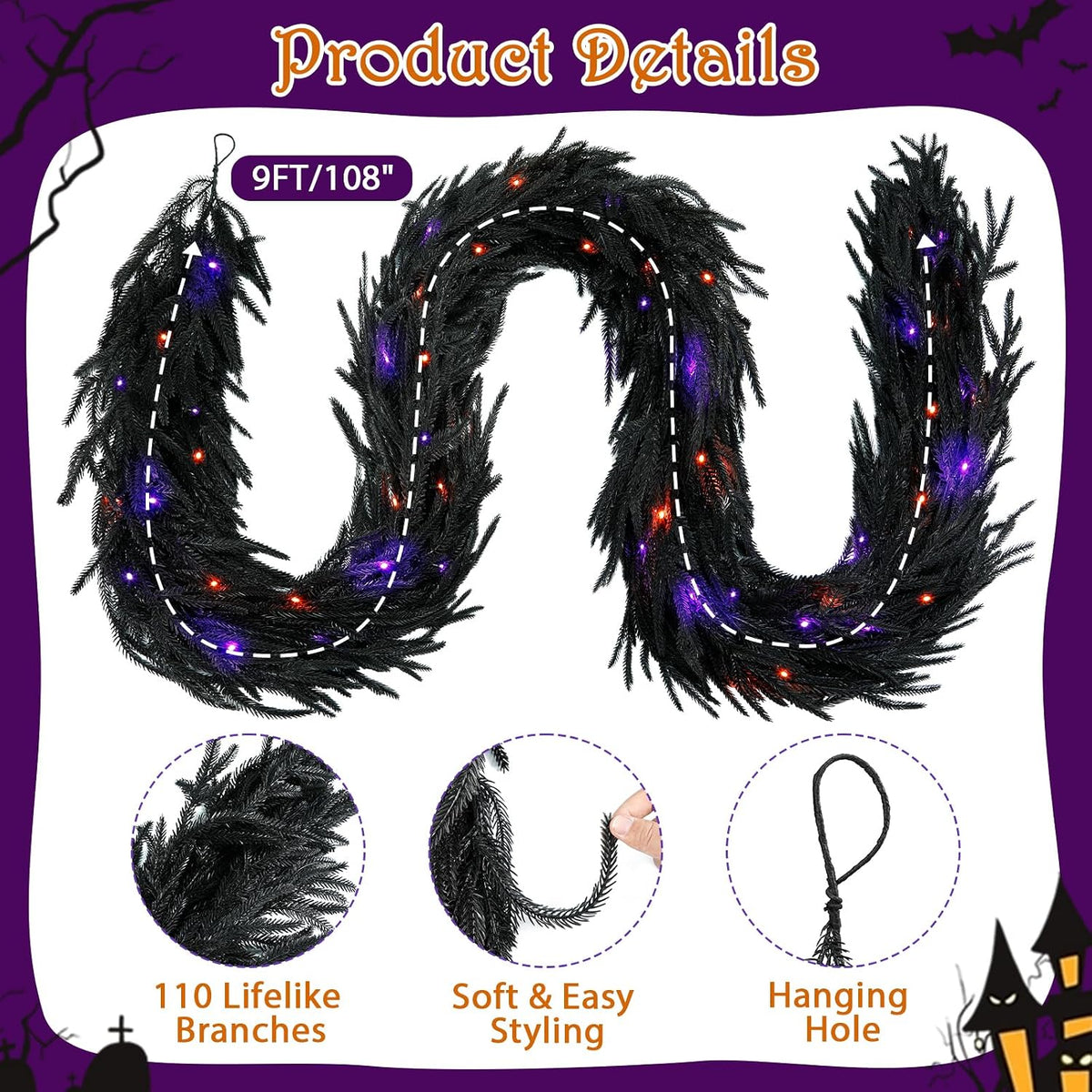 9ft soft touch black norfolk pine halloween garland showing dimensions