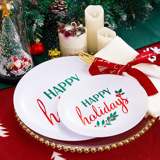 Supernal 150pcs Easter Plastic Dinnerware with Plastic Plates,White and Gold Silverware, Easter Disposable Party Plates with "Happy Holiday" Design for Festival Gatherings