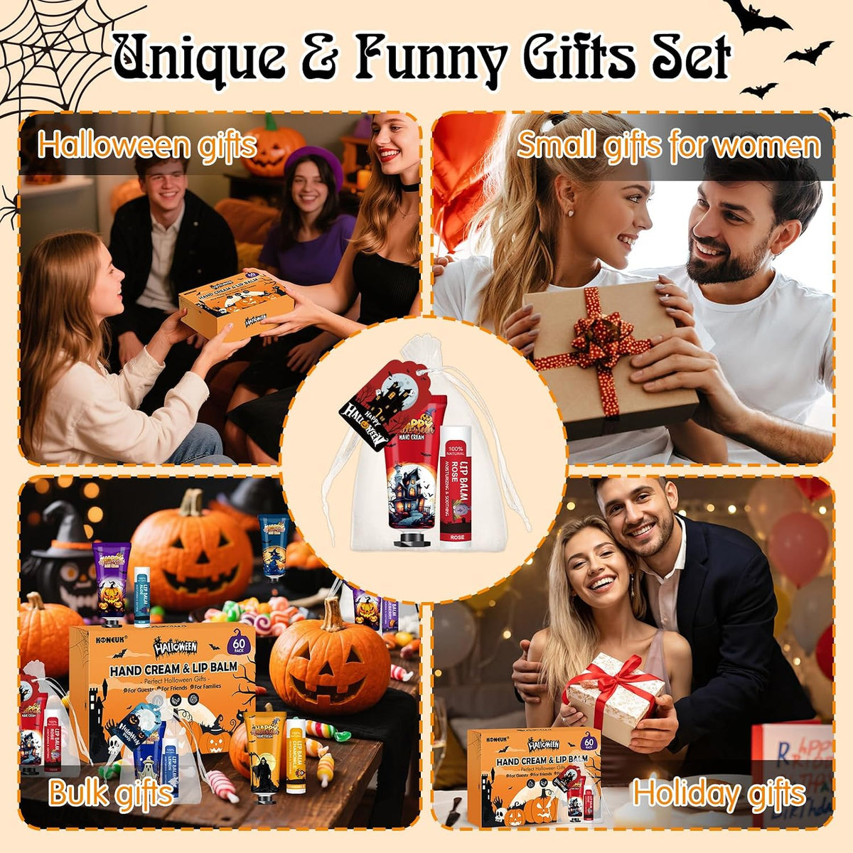 60 Pack Halloween Hand Cream and Lip Balm Set for Women, Halloween Gifts