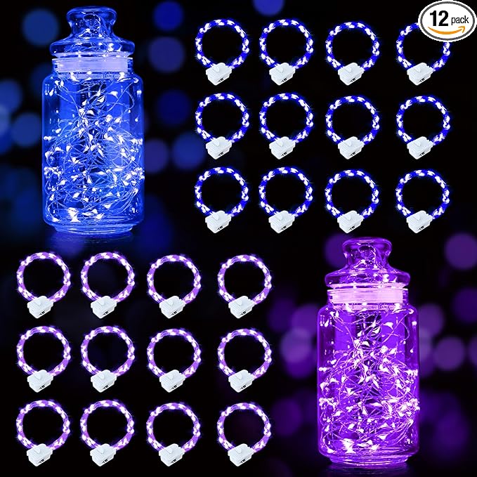 pozzolanas 24 Pack 7ft Waterproof LED Fairy Lights - Battery Operated String Lights with 20 LEDs for Home, Mason Jar, Party, Wedding, Halloween, Christmas Decorations (12 Purple & 12 Blue)