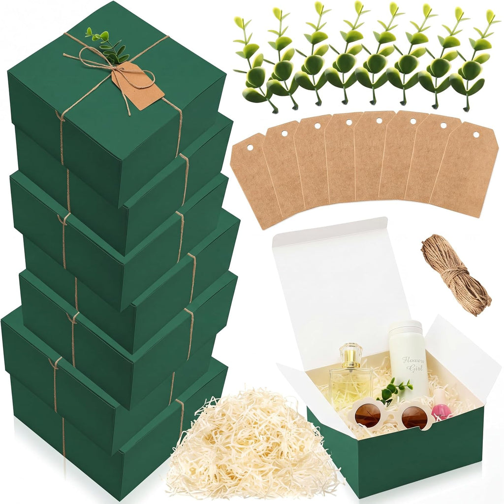 Crtiin 8 Pack Gift Boxes with Lids, 8x8x4 Inch Forest Green Bridesmaid Proposal Gift Box with Shredded Paper, Twine, Tags & Eucalyptus Leaves for Presents, Wedding, Birthday, Christmas, Baby Shower