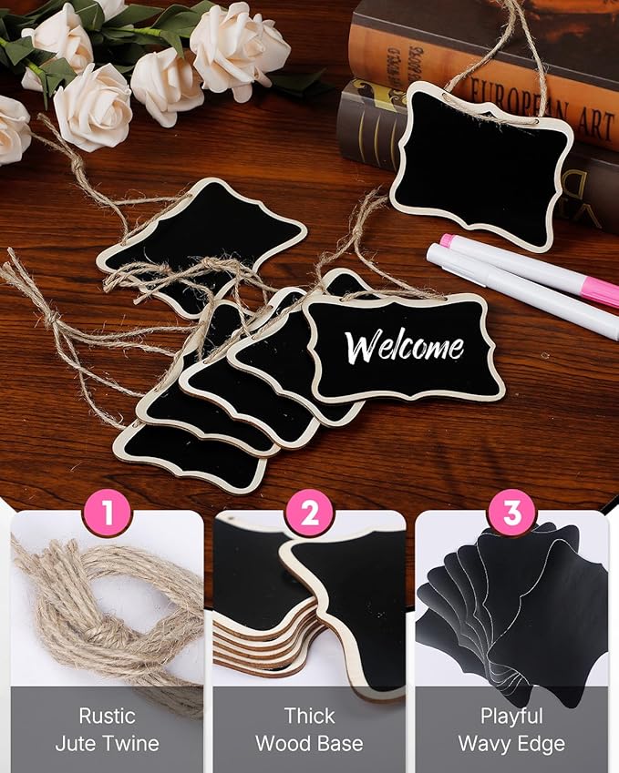 Uniclife 24 Pack Mini Chalkboard Signs for Food, Small Chalkboard Signs with Strings Chalk Markers & Replacement Stickers, Hanging Chalkboards Sign Reusable Wooden Food Labels for Party Buffet Wedding