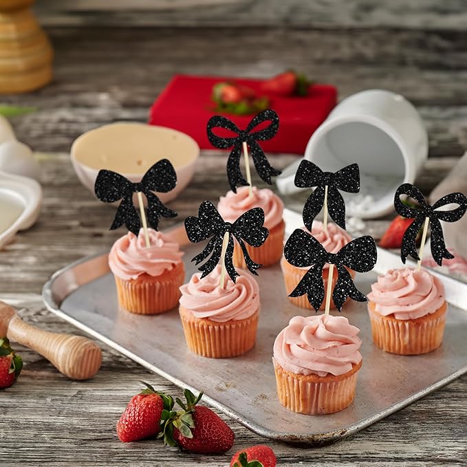 Gyufise 36Pcs Bow Cupcake Toppers Glitter Girls Birthday Decorations Bowknot Cupcake Picks Bow Tie Birthday Decorations Bow Cake Toppers for Bridal Baby Shower Bachelorette Party Supplies Black