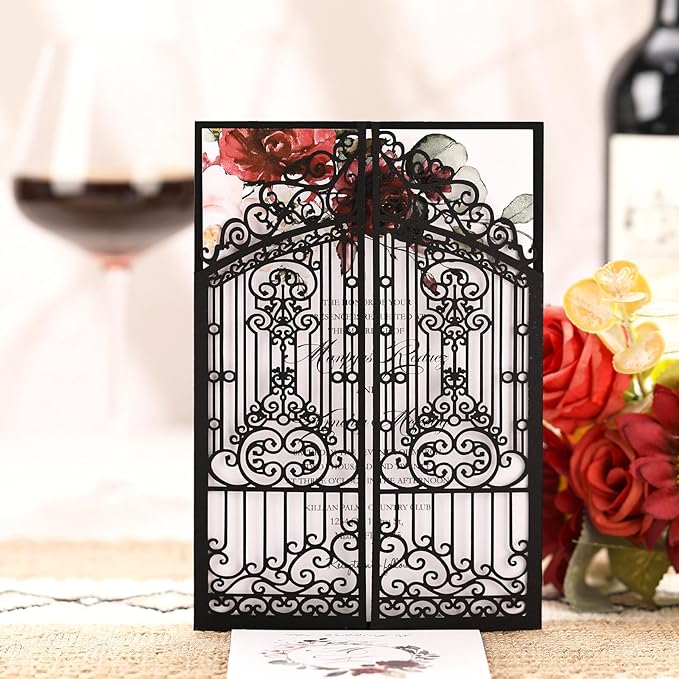 50Pcs Wedding Invitation Kit Black Fences Fold Laser Cut Invitation Pocket Personalized Wedding Card and Rsvp Card for Wedding Engagement Mermaid Birthday Party Invites