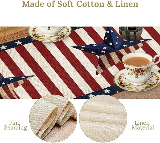 4th of July Table Runner, Patriotic Independence Day American Stars Stripes Flag Print Table Runner for Farmhouse Kitchen Dining Holiday Birthday Party, 13x70inch