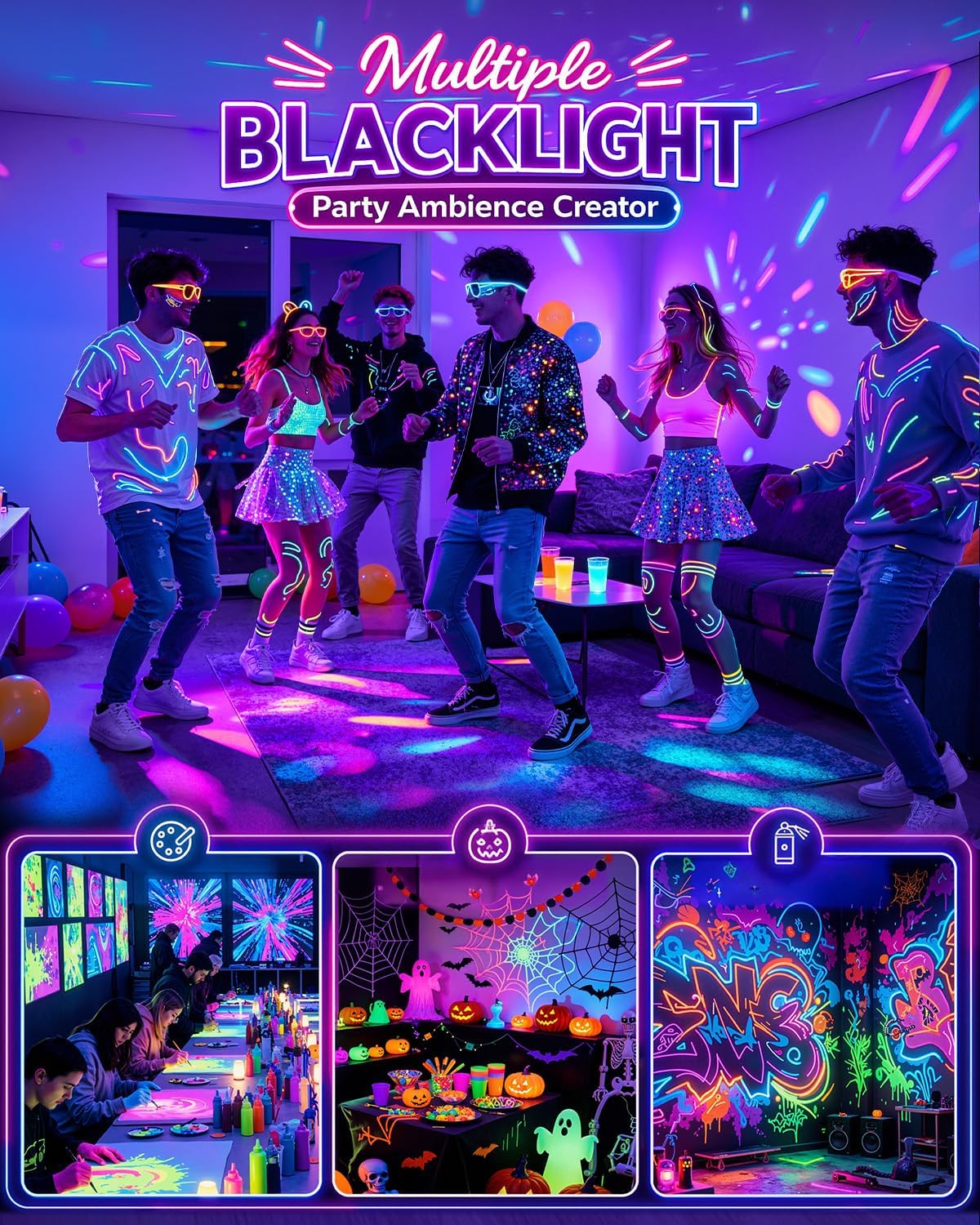 Onforu 50W LED Blacklight, LED Black Flood Light for Glow Party, 4 Pack