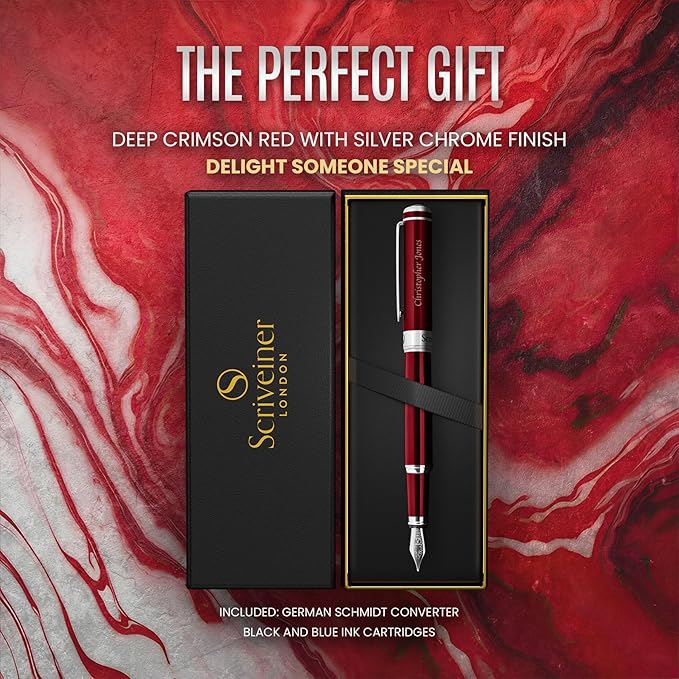 Scriveiner Personalized Deep Crimson Red Pen - Stunning Red Lacquer Luxury Pen with Chrome FinishGerman Schmidt Nib (Medium), Best Engraved Fountain Pen Gift Set for Men & Women, Name Engraving