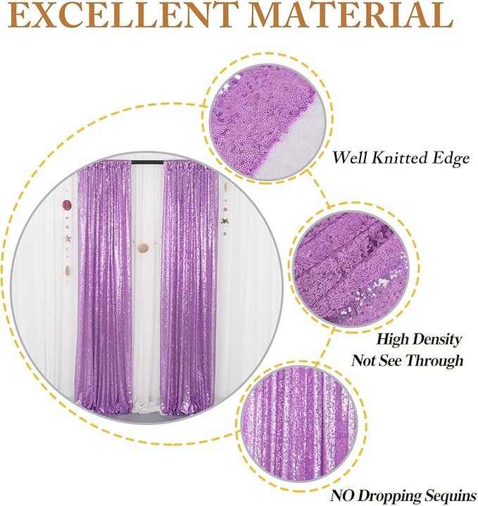ShinyBeauty Sequin Curtains 4 Panels Lavender Sequin Backdrop Photo Backdrops Shimmer Background Party Decor Glitter Fabric Light Purple Curtain for Baby Shower(2FTx8FT)