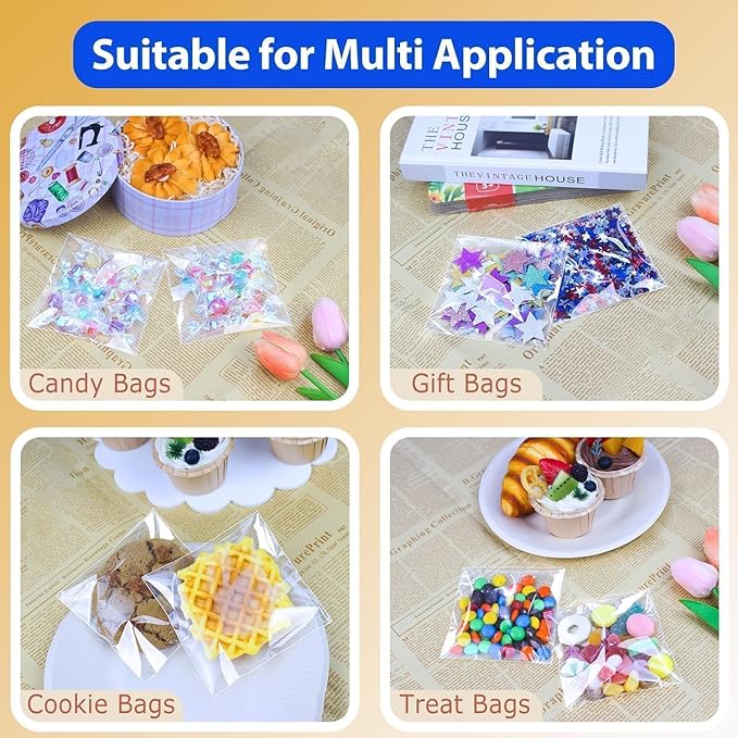 PigPotParty 4''x 4" Clear Plastic Cellophane Gift Wrap Bags, 100 Pcs Small Self Sealing Cookie Bags for Gift, Party favor, Candy, Treat, Goodies, Snack, Self Adhesive Resealable