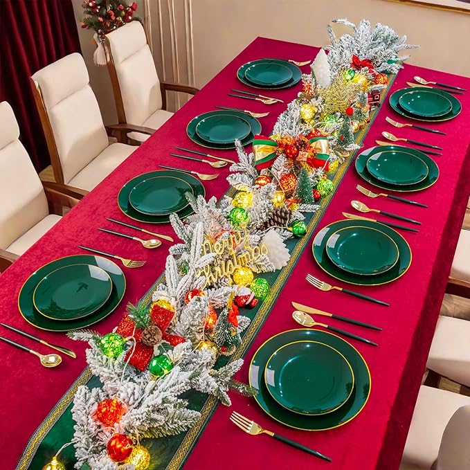 Liacere 150PCS Green Plastic Plates - Gold Plastic Silverware with Green Handle - Heavy Duty Fancy Plastic Plates Disposable Include 30 Guests Plates, Forks, Spoons, Knives for wedding＆Labor Day