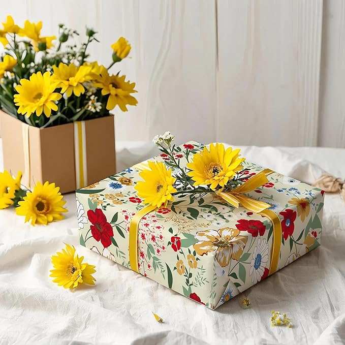 WRAPAHOLIC Floral Wrapping Paper Roll - Mini Roll - 17 Inch x 33 Feet - Wild Flower Wrapping Paper, Perfect for Girls Women Birthday, Wedding, Bridal Shower