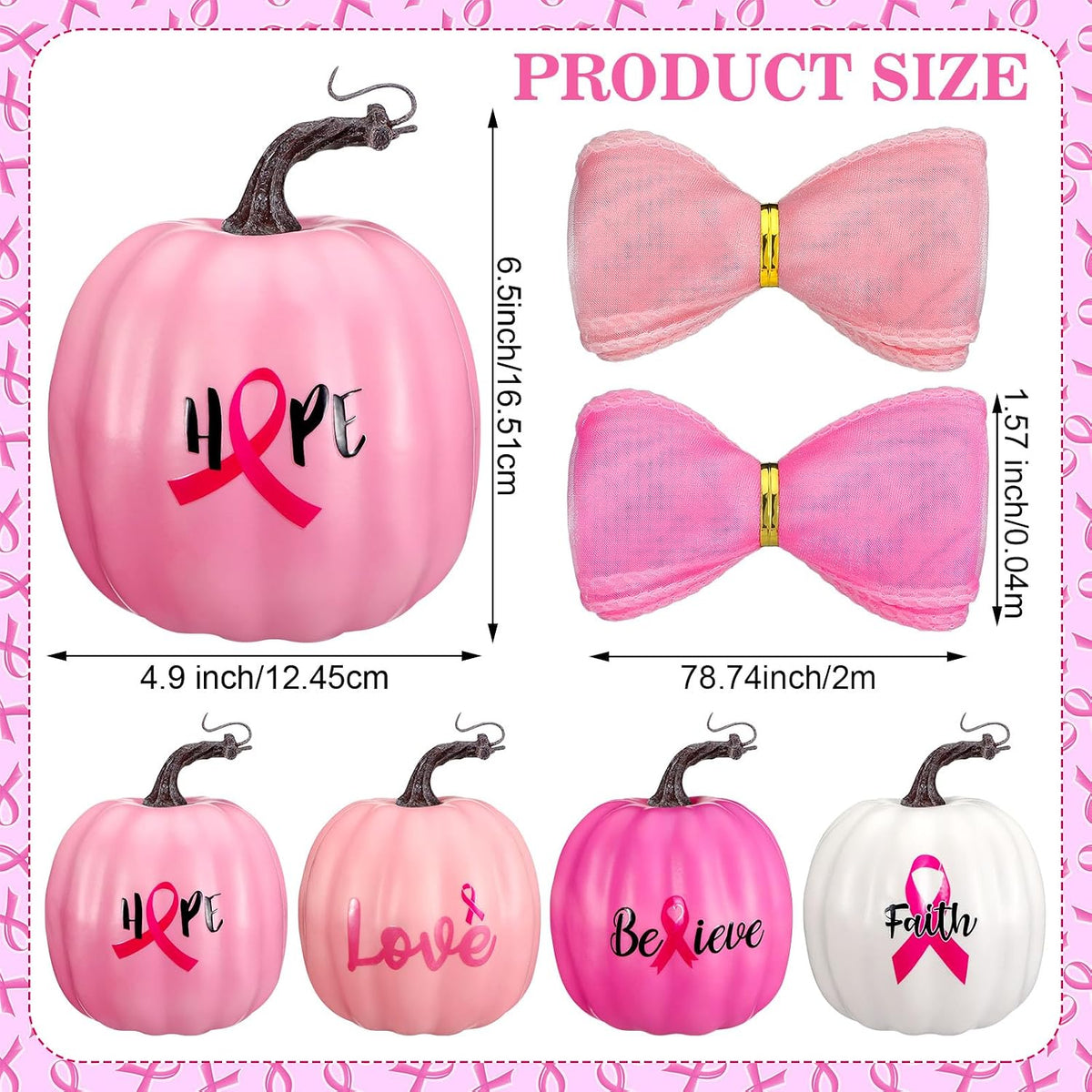 4 Sets Breast Cancer Awareness Pumpkins Decorations Pink Artificial Foam Pump...