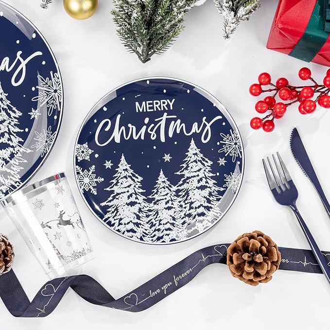 Supernal 150pcs Christmas Dinnerware Set - Blue and White Plates With Trees Design, Blue Silverware, Santa and Moose Silver Cups for New Year
