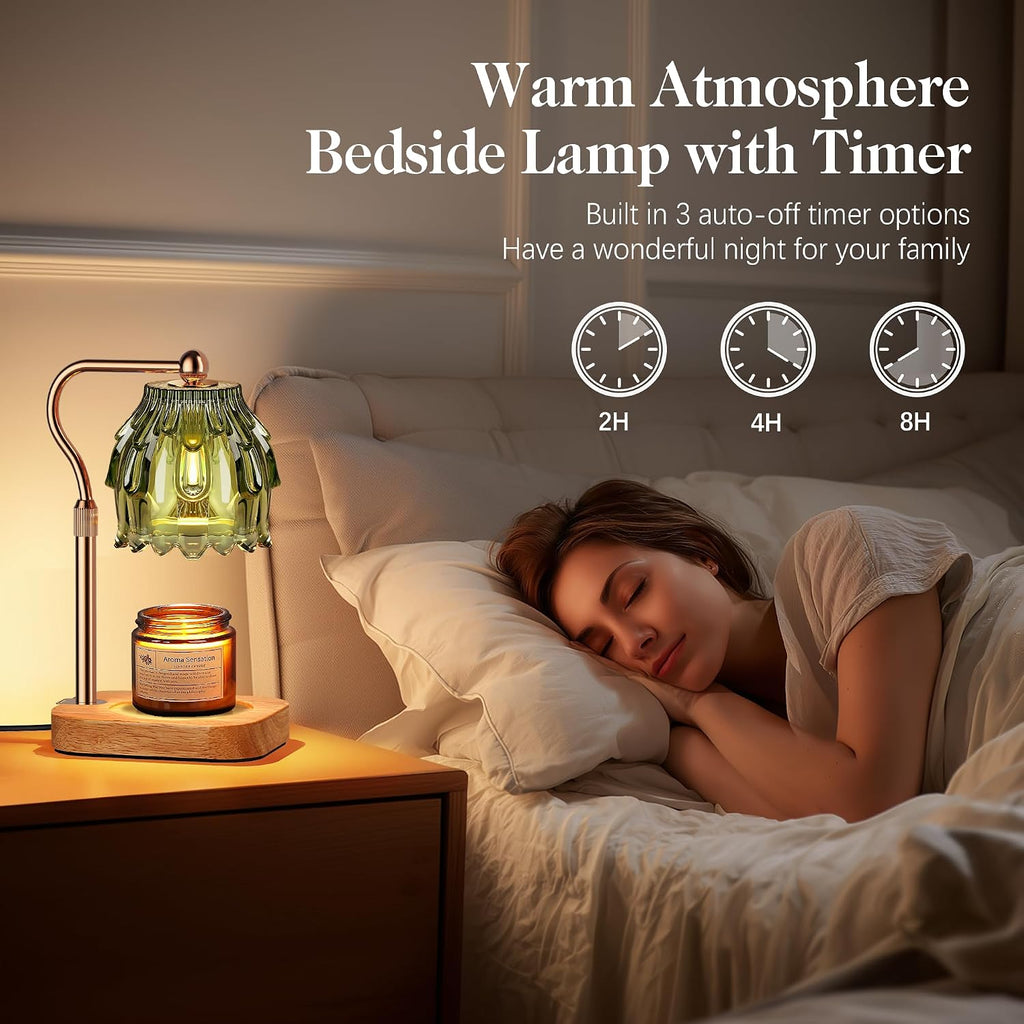 Candle Warmer Lamp with Timer Dimmer, Modern Wax Warmer for Scented Wax Jar Candle Warmer with 2 Bulbs, Adjustable Height Glass Lamp for Gifts for Women, Home Decor, Gold Green