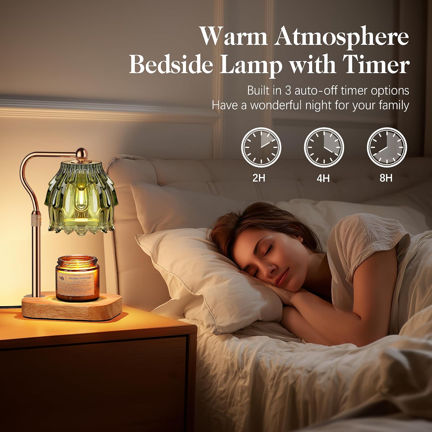 Candle Warmer Lamp with Timer Dimmer, Modern Wax Warmer for Scented Wax Jar Candle Warmer with 2 Bulbs, Adjustable Height Glass Lamp for Gifts for Women, Home Decor, Gold Green