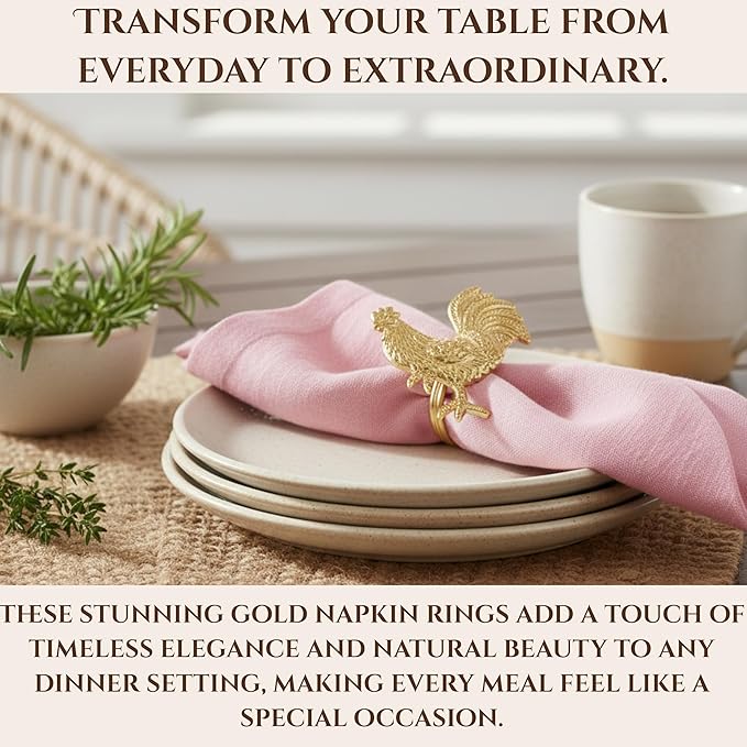 Set of 12 Rooster Napkin Rings for Farmhouse Table Decor | Premium Metal Chicken Dinnerware Holders | Rustic Kitchen & Holiday Party Table Setting (Gold) - ALPHA Living HOME
