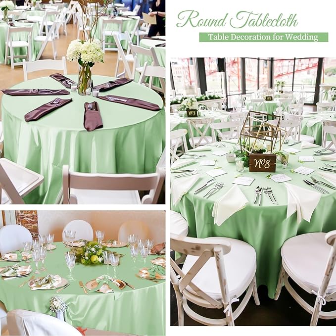 fani 12 Pack 108 Inch Sage Green Satin Tablecloth - Silky Round Tablecloth Overlay Smooth Fabric Table Cover, Bright Table Decoration for Wedding Party Banquet Events Restaurant Kitchen Dining