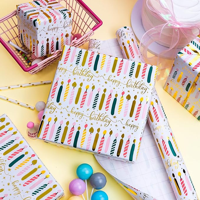 Yarcony Birthday Candle Wrapping Paper Roll - 17Inch X 33Feet - Elegant Rainbow Gold Foil Candles Gift Wrap Paper for Girl's Birthday, Christmas, Holiday, Party and Sophisticated Celebration